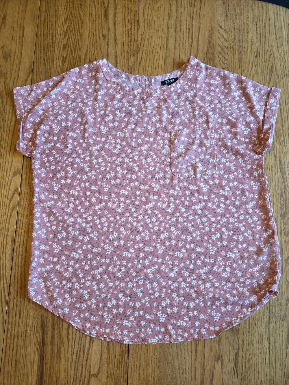 Buffalo David Bitton Floral Short Sleeve Blouse Womans Sz Large